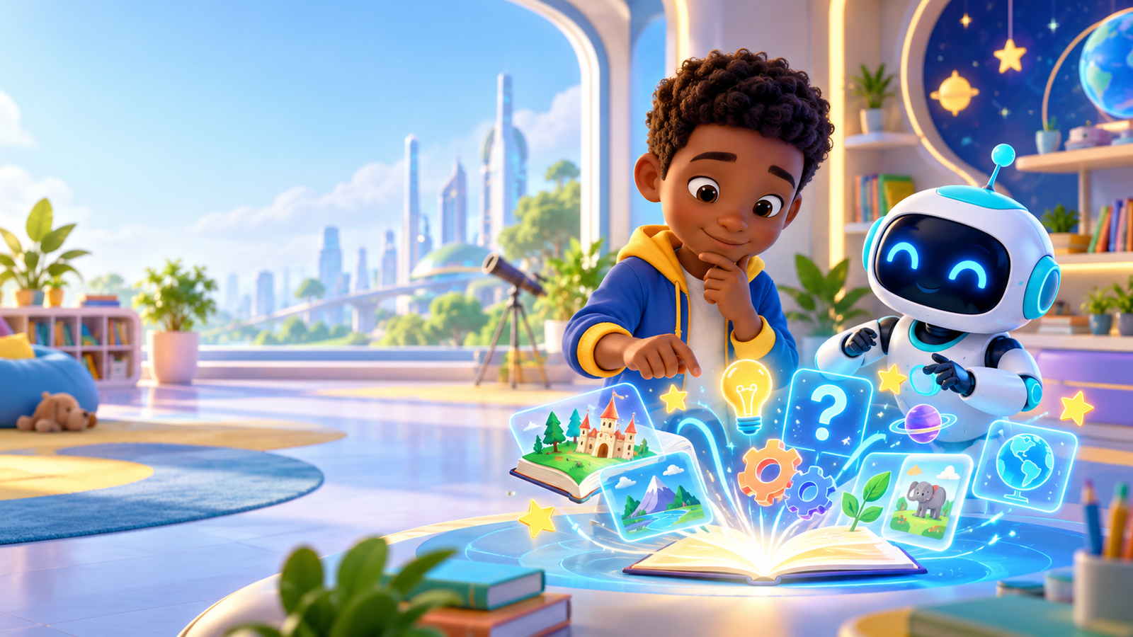 Marcus and his friendly robot helper Byte exploring ideas together